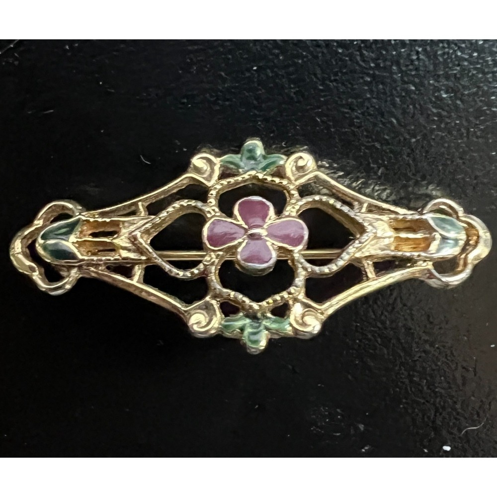 Vintage Gold Tone Bar Brooch Floral Red Brown Enamel Flower Filigree Classic Pin